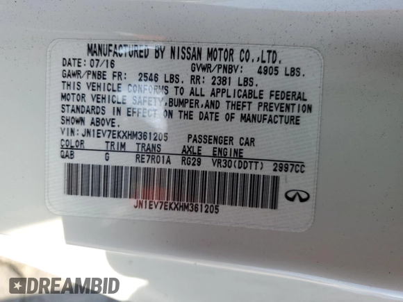 2017 Infiniti Q60 Premium with VIN JN1EV7EKXHM361205, listed as a Copart auction lot 54614045 with 72,887 mi miles and Salvage title. Bid and sale history available at DreamBid. Image 12.