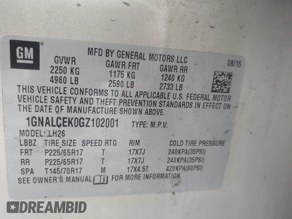 2016 Chevrolet Equinox LT with VIN 1GNALCEK0GZ102001, listed as a IAAI auction lot 42261818 with 167,973 mi miles and . Bid and sale history available at DreamBid. Image 9.