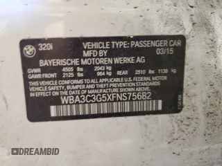 2015 BMW 3 Series 320i xDrive with VIN WBA3C3G5XFNS75682, listed as a Copart auction lot 44792615 with 78,264 mi miles and Salvage Title. Bid and sale history available at carsss.com. Image 12.