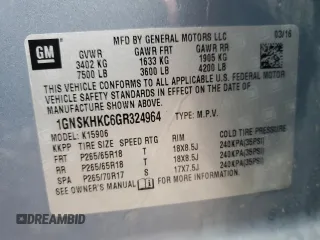 2016 Chevrolet Suburban LT с VIN 1GNSKHKC6GR324964, выставлен на аукционе Copart как лот 57437095 с пробегом 163 828 миль миль и Списание • Salvage title. История ставок и продаж доступна на DreamBid. Изображение 13.