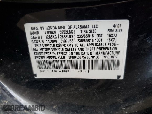 2007 Honda Odyssey EX-L with VIN 5FNRL38757B070106, listed as a Copart auction lot 79815514 with 0 mi miles and Non Repairable. Bid and sale history available at carsss.com. Image 13.