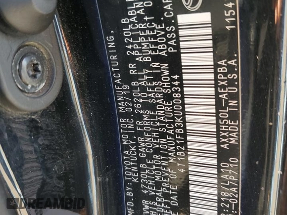 2019 Toyota Avalon Limited Hybrid z VIN 4T1B21FB3KU008344, wystawiony jako Copart lot #84662964 z przebiegiem 127 254 mil mil oraz Szkoda całkowita • Salvage title. Historia ofert i sprzedaży dostępna na DreamBid. Obrazek 13.