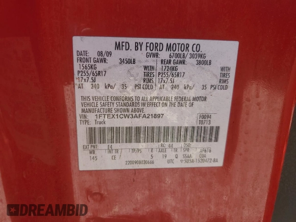 2010 Ford F-150 XL with VIN 1FTEX1CW3AFA21897, listed as a Copart auction lot 58000025 with 245,642 mi miles and Salvage title. Bid and sale history available at DreamBid. Image 12.