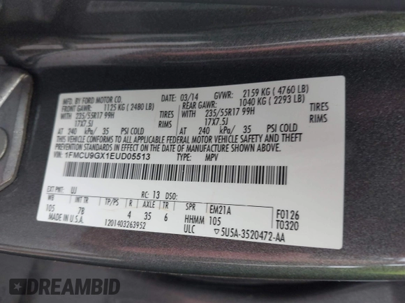 2014 Ford Escape SE with VIN 1FMCU9GX1EUD05513, listed as a IAAI auction lot 42651209 with 110,166 mi miles and . Bid and sale history available at DreamBid. Image 9.
