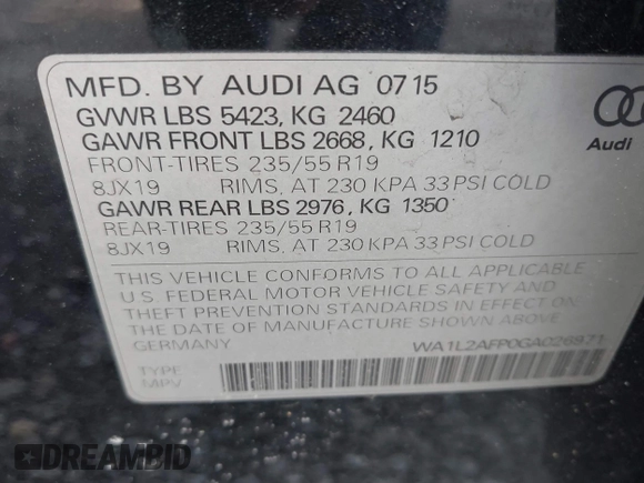 2016 Audi Q5 Premium Plus with VIN WA1L2AFP0GA026971, listed as a IAAI auction lot 41630172 with 98,077 mi miles. Bid and sale history available at carsss.com. Image 9.