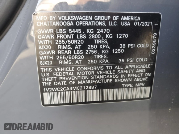 2021 Volkswagen Atlas SE with VIN 1V2WC2CA4MC212887, listed as a Copart auction lot 48403375 with 62,075 mi miles and Salvage title. Bid and sale history available at DreamBid. Image 14.