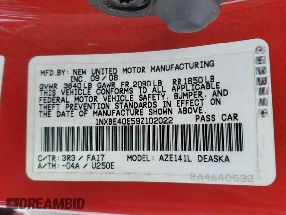 2009 Toyota Corolla XRS with VIN 1NXBE40E59Z102022, listed as a Copart auction lot 45042115 with 92,626 mi miles and Salvage Title. Bid and sale history available at carsss.com. Image 12.