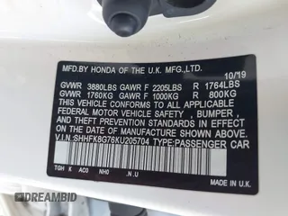 2019 Honda Civic Type R Touring z VIN SHHFK8G76KU205704, wystawiony jako IAAI lot #42159630 z przebiegiem Nie podano mil oraz . Historia ofert i sprzedaży dostępna na DreamBid. Obrazek 9.