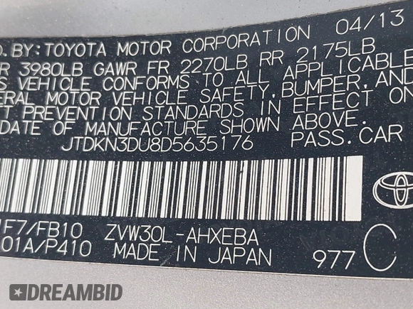 2013 Toyota Prius One with VIN JTDKN3DU8D5635176, listed as a IAAI auction lot 40110997 with 145,199 mi miles. Bid and sale history available at carsss.com. Image 9.