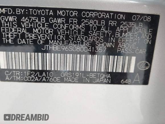 2008 Lexus GS 350 with VIN JTHBE96S080041357, listed as a IAAI auction lot 41855684 with 227,973 mi miles. Bid and sale history available at carsss.com. Image 9.