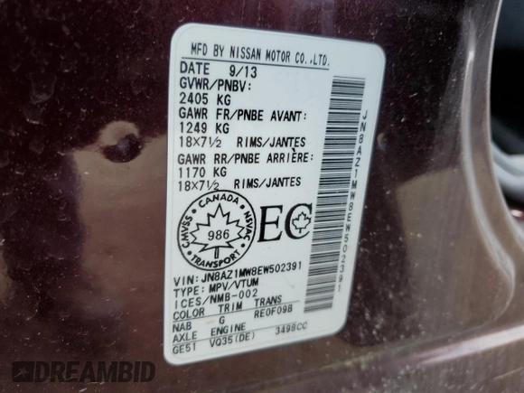 2014 Nissan Murano S with VIN JN8AZ1MW8EW502391, listed as a Copart auction lot 66810204 with 206,861 mi miles and Clean Title. Bid and sale history available at DreamBid. Image 13.