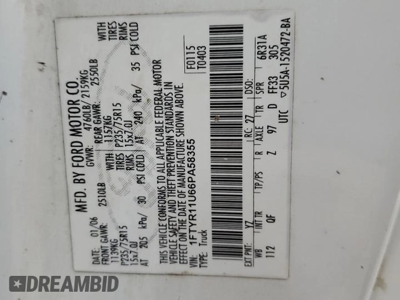 2006 Ford Ranger XL z VIN 1FTYR11U66PA58355, wystawiony jako Copart lot #85717024 z przebiegiem Nie podano mil oraz Czysty tytuł • Clean title. Historia ofert i sprzedaży dostępna na DreamBid. Obrazek 12.