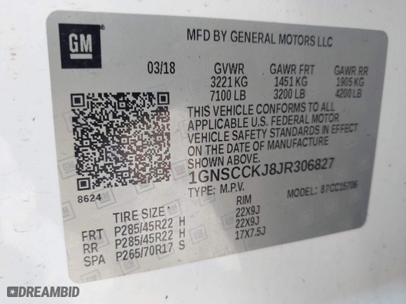 2018 Chevrolet Tahoe Premier with VIN 1GNSCCKJ8JR306827, listed as a IAAI auction lot 40614975 with 1 mi miles. Bid and sale history available at carsss.com. Image 9.