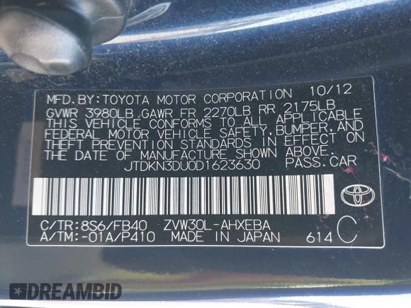 2013 Toyota Prius One with VIN JTDKN3DU0D1623630, listed as a IAAI auction lot 42015052 with 213,796 mi miles. Bid and sale history available at carsss.com. Image 9.