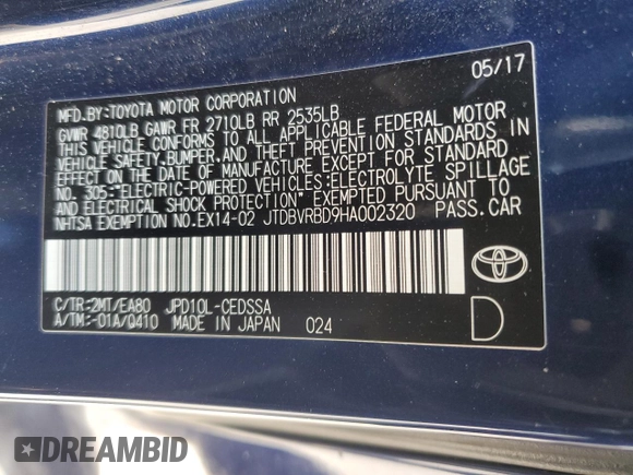 2017 Toyota Mirai с VIN JTDBVRBD9HA002320, выставлен на аукционе Copart как лот 55419855 с пробегом 87 595 миль миль и Списание • Salvage title. История ставок и продаж доступна на DreamBid. Изображение 12.