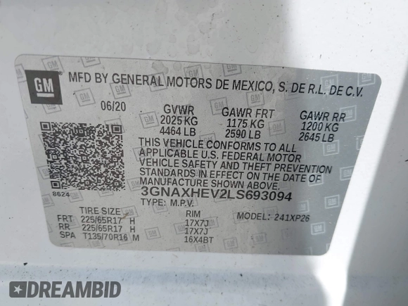 2020 Chevrolet Equinox LS with VIN 3GNAXHEV2LS693094, listed as a IAAI auction lot 42016112 with 1 mi miles. Bid and sale history available at carsss.com. Image 9.
