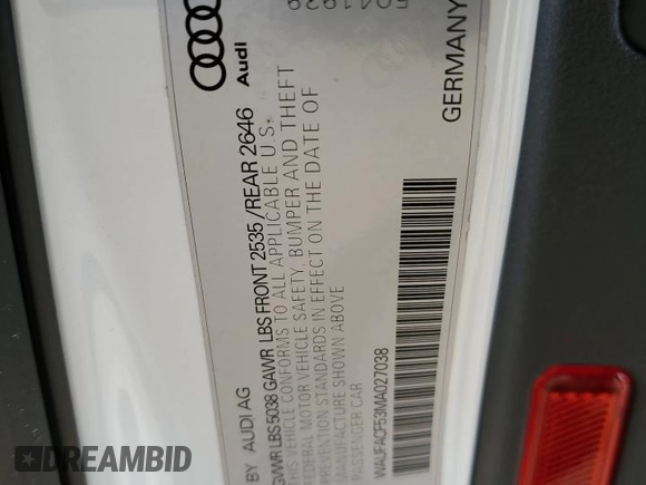 2021 Audi A5 Sportback S line Premium Plus with VIN WAUFACF53MA027038, listed as a Copart auction lot 47670395 with 41,492 mi miles and Salvage Title. Bid and sale history available at carsss.com. Image 14.