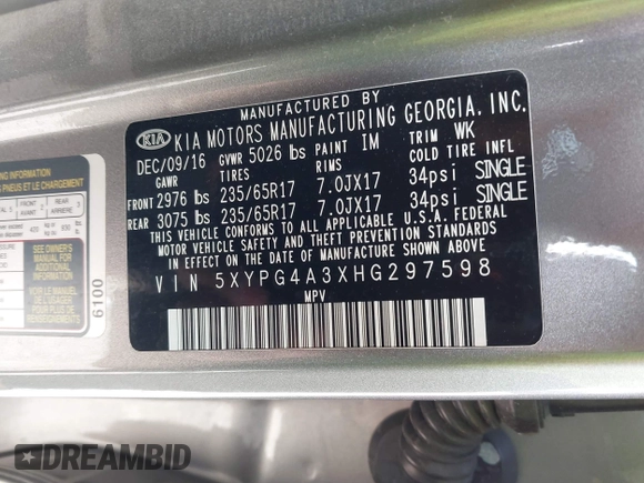2017 Kia Sorento LX with VIN 5XYPG4A3XHG297598, listed as a IAAI auction lot 42029607 with 104,157 mi miles. Bid and sale history available at carsss.com. Image 9.
