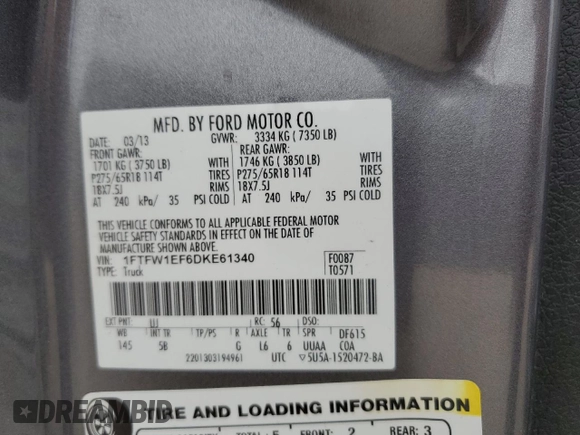 2013 Ford F-150 XL with VIN 1FTFW1EF6DKE61340, listed as a Copart auction lot 51802515 with Not Provided miles and Salvage Title. Bid and sale history available at carsss.com. Image 14.