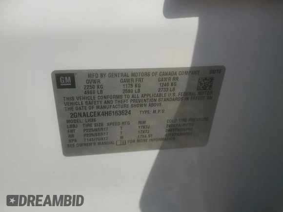 2017 Chevrolet Equinox LT with VIN 2GNALCEK4H6163624, listed as a Copart auction lot 53272425 with 93,692 mi miles and Salvage Title. Bid and sale history available at DreamBid. Image 14.