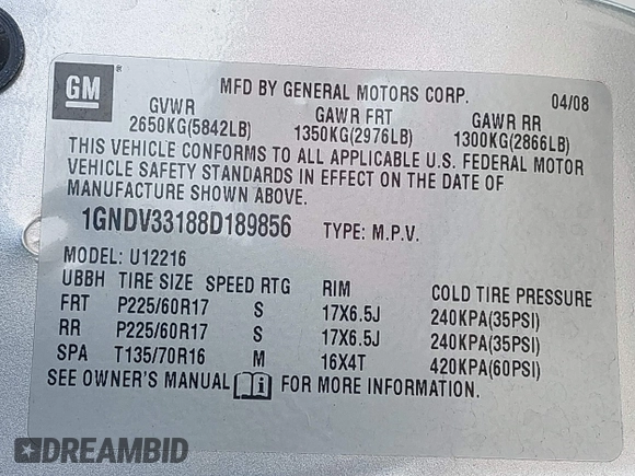 2008 Chevrolet Uplander 1LT z VIN 1GNDV33188D189856, wystawiony jako IAAI lot #39227761 z przebiegiem 114 298 mil mil oraz . Historia ofert i sprzedaży dostępna na DreamBid. Obrazek 9.