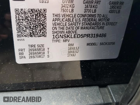 2023 Chevrolet Tahoe Commercial with VIN 1GNSKLED5PR319486, listed as a Copart auction lot 60391125 with 10,473 mi miles and Salvage title. Bid and sale history available at DreamBid. Image 13.