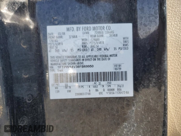 2008 Ford F-150 XLT with VIN 1FTPW14V38FB69950, listed as a Copart auction lot 45406035 with 216,324 mi miles and Salvage title. Bid and sale history available at DreamBid. Image 14.