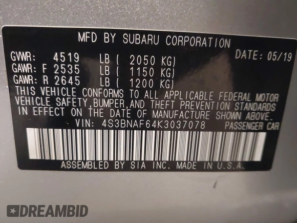 2019 Subaru Legacy Premium with VIN 4S3BNAF64K3037078, listed as a IAAI auction lot 42337406 with 49,608 mi miles and . Bid and sale history available at DreamBid. Image 9.