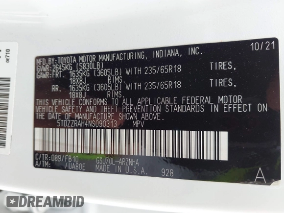 2022 Toyota Highlander LE with VIN 5TDZZRAH4NS090313, listed as a IAAI auction lot 42137543 with 81,954 mi miles and . Bid and sale history available at DreamBid. Image 9.