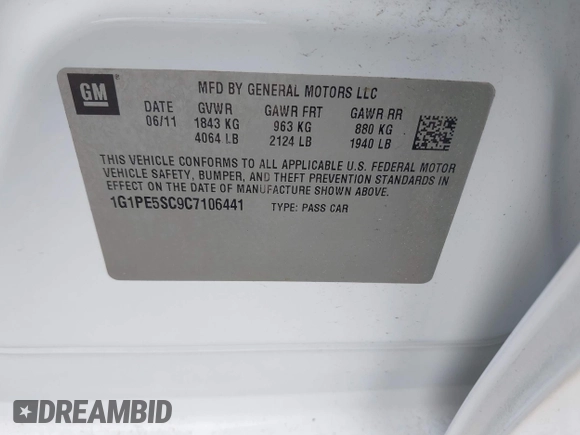 2012 Chevrolet Cruze 1FL with VIN 1G1PE5SC9C7106441, listed as a IAAI auction lot 42111691 with 173,973 mi miles and . Bid and sale history available at DreamBid. Image 9.