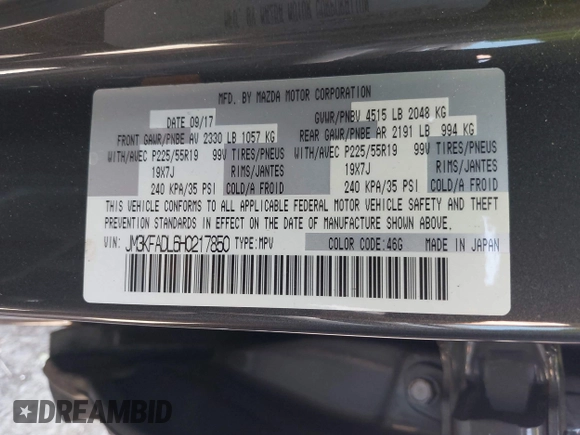 2017 Mazda CX-5 Grand Touring with VIN JM3KFADL6H0217850, listed as a IAAI auction lot 42033404 with 74,198 mi miles and . Bid and sale history available at carsss.com. Image 9.