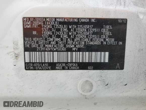2012 Toyota RAV4 Limited with VIN 2T3YF4DV1CW150360, listed as a Copart auction lot 47576085 with 81,710 mi miles and Salvage Title. Bid and sale history available at carsss.com. Image 13.