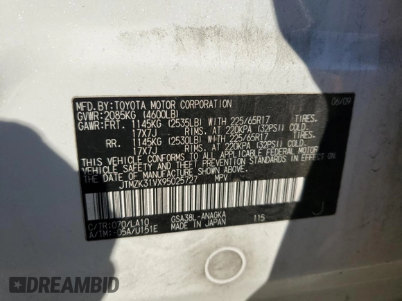 2009 Toyota RAV4 Ltd with VIN JTMZK31VX95025727, listed as a Copart auction lot 42346555 with 279,702 mi miles and Salvage Title. Bid and sale history available at carsss.com. Image 15.