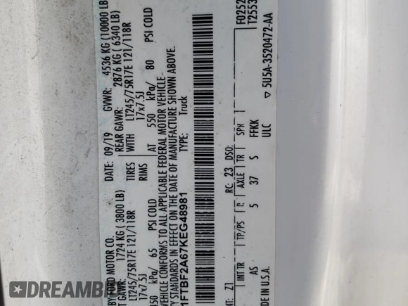 2019 Ford F-250 XL with VIN 1FTBF2A67KEG48981, listed as a Copart auction lot 56925055 with Not provided miles and Clean title. Bid and sale history available at DreamBid. Image 13.