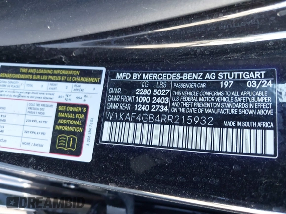 2024 Mercedes-Benz C 300 with VIN W1KAF4GB4RR215932, listed as a IAAI auction lot 40839013 with Not Provided miles and . Bid and sale history available at carsss.com. Image 9.