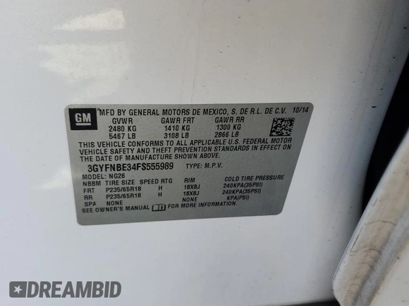 2015 Cadillac SRX Luxury Collection with VIN 3GYFNBE34FS555989, listed as a Copart auction lot 52765485 with 93,988 mi miles and Salvage Title. Bid and sale history available at DreamBid. Image 16.