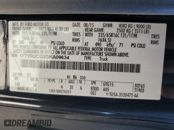 2016 Ford Transit Cargo with VIN 1FTYR2CG2GKA09634, listed as a Copart auction lot 56499115 with 102,764 mi miles and Salvage title. Bid and sale history available at DreamBid. Image 14.
