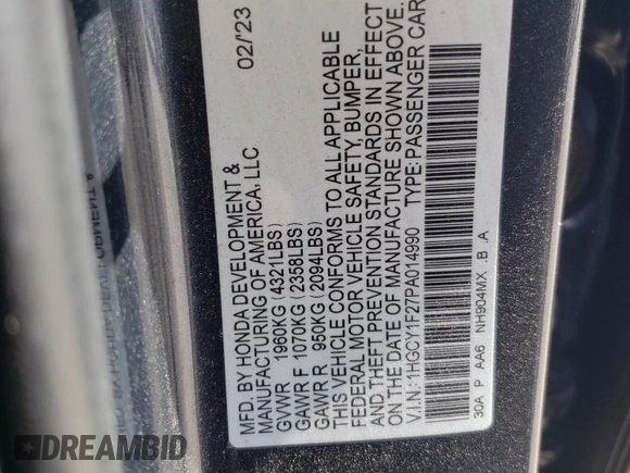 2023 Honda Accord LX with VIN 1HGCY1F27PA014990, listed as a Copart auction lot 53716205 with 24,211 mi miles and Non Repairable. Bid and sale history available at DreamBid. Image 12.