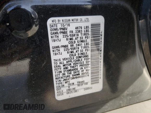 2017 Nissan Rogue SL with VIN JN8AT2MV6HW250174, listed as a Copart auction lot 47288095 with 145,717 mi miles and Clean Title. Bid and sale history available at carsss.com. Image 12.
