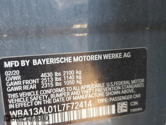 2020 BMW 2 Series M235i xDrive with VIN WBA13AL01L7F72414, listed as a Copart auction lot 62427215 with Not provided miles and Salvage title. Bid and sale history available at DreamBid. Image 12.
