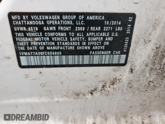 2015 Volkswagen Passat Limited Edition Edition z VIN 1VWAT7A36FC034803, wystawiony jako Copart lot #57911385 z przebiegiem 173 435 mil mil oraz Szkoda całkowita • Salvage title. Historia ofert i sprzedaży dostępna na DreamBid. Obrazek 12.