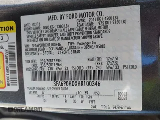 2017 Ford Fusion SE with VIN 3FA6P0HDXHR100346, listed as a IAAI auction lot 41895097 with 89,240 mi miles. Bid and sale history available at carsss.com. Image 9.