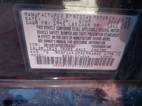 2016 Nissan Sentra SR with VIN 3N1AB7AP0GY254247, listed as a IAAI auction lot 41699963 with 162,415 mi miles. Bid and sale history available at carsss.com. Image 9.