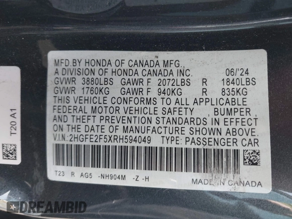 2024 Honda Civic Sedan Sport with VIN 2HGFE2F5XRH594049, listed as a IAAI auction lot 41861758 with 5,311 mi miles. Bid and sale history available at carsss.com. Image 9.