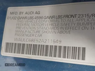 2002 Audi A4 1.8T with VIN WAULC68E52A211549, listed as a IAAI auction lot 40943374 with 204,725 mi miles. Bid and sale history available at carsss.com. Image 9.