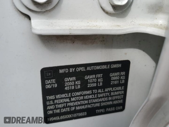 2019 Buick Regal Preferred with VIN W04GL6SXXK1075623, listed as a Copart auction lot 53975035 with 69,950 mi miles and Salvage title. Bid and sale history available at DreamBid. Image 12.