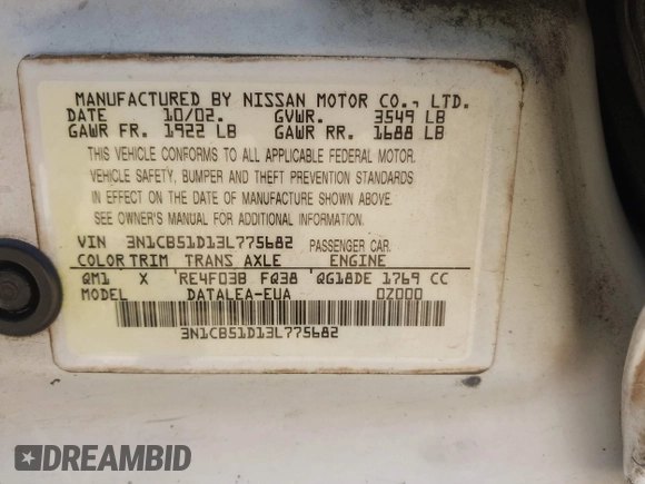 2003 Nissan Sentra XE with VIN 3N1CB51D13L775682, listed as a IAAI auction lot 42039084 with 136,851 mi miles and . Bid and sale history available at DreamBid. Image 9.
