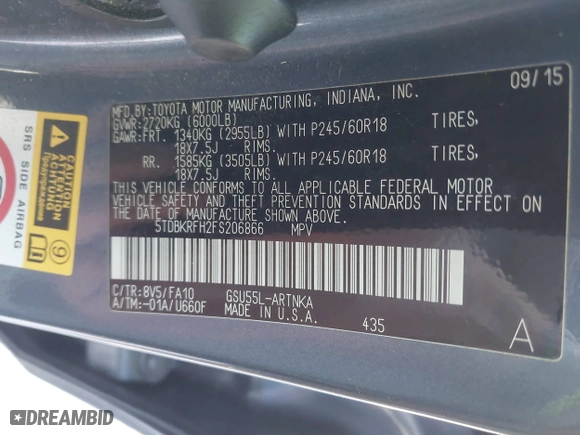 2015 Toyota Highlander LE with VIN 5TDBKRFH2FS206866, listed as a IAAI auction lot 41416098 with 178,891 mi miles. Bid and sale history available at carsss.com. Image 9.
