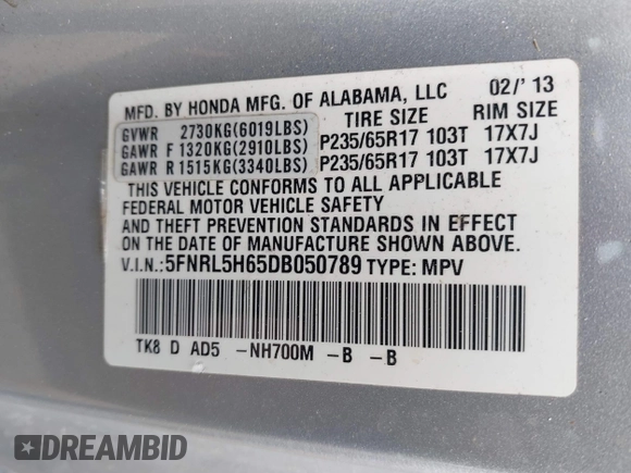 2013 Honda Odyssey EX-L with VIN 5FNRL5H65DB050789, listed as a IAAI auction lot 41911537 with 160,348 mi miles and . Bid and sale history available at carsss.com. Image 9.
