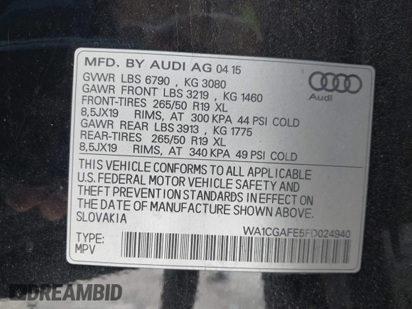 2015 Audi Q7 Premium with VIN WA1CGAFE5FD024940, listed as a IAAI auction lot 41368594 with 87,475 mi miles and . Bid and sale history available at DreamBid. Image 9.